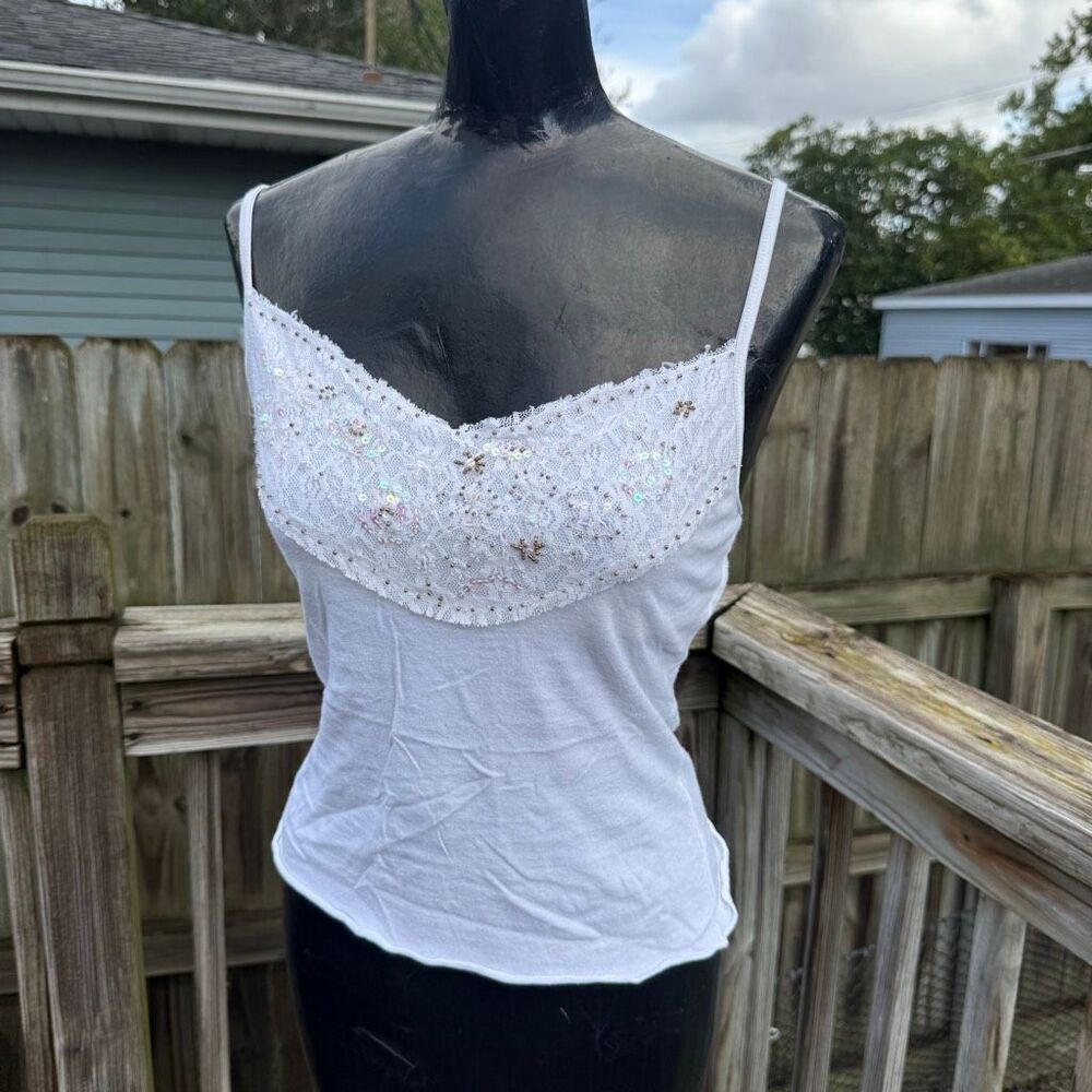Y2K Say What White Floral Lace Beaded Sequin Spaghetti Strap Cami Tank Top Mediu